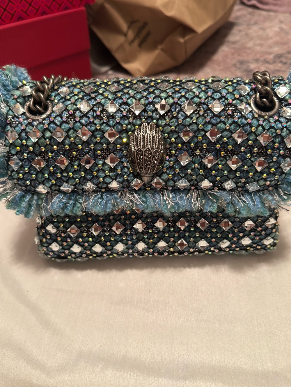 Kurt Geiger Teal Blue Multicolor Tweed Chain Shoulder Bag